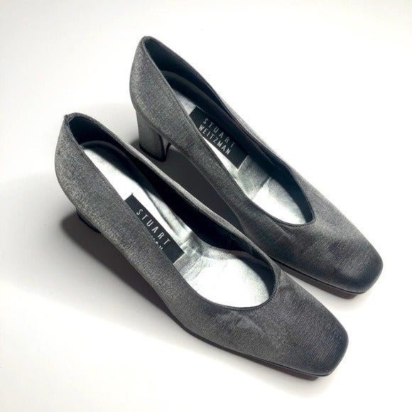 Stuart Weitzman Silver Metallic Fabric Heels #7B - Picture 2 of 12